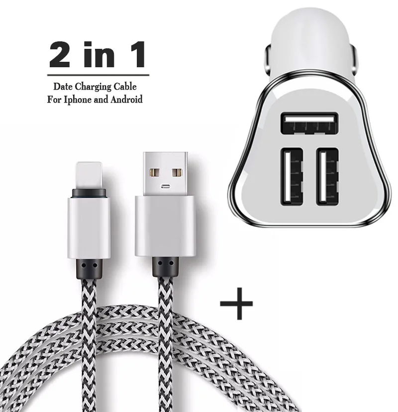 2 in 1 Micro/8 pin USB Data Cable for iphone charger mobile +12V 3.1A mini 3 ports USB Car charger Adapter for samsung charger