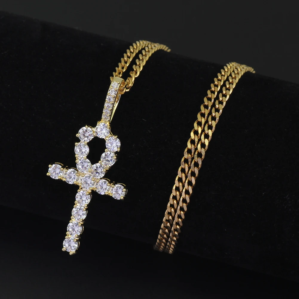 CN019 Hip Hop Anha cross Pendant brass Setting CZ stones Necklace Jewelry for men and women