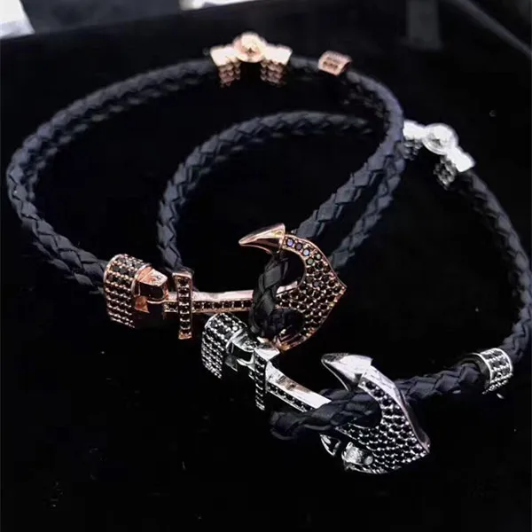 Wholesale Stainless Steel Handmade Weave Leather Anchor CZ Stone Bracelets