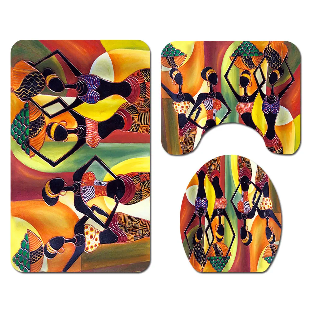 Colorful Printing African Women Toilet Pad Cover Bath Mat Shower Curtain Set for Bathroom Decoration