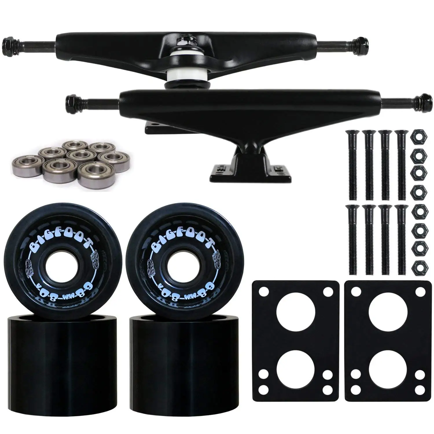 Longboard Skateboard Trucks Combo Set 68mm Bigfoot Boardwalk Wheels with Black Trucks, Bearings, and Hardware Package (68mm Black Wheels, 6.0 (8.63") Black Trucks)