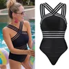 2019 Sexy One Piece Swimsuit Women High Neck Bandage Cross Back Neck Monokini Black Swimwear Women Bathing Suits Swimming Suit