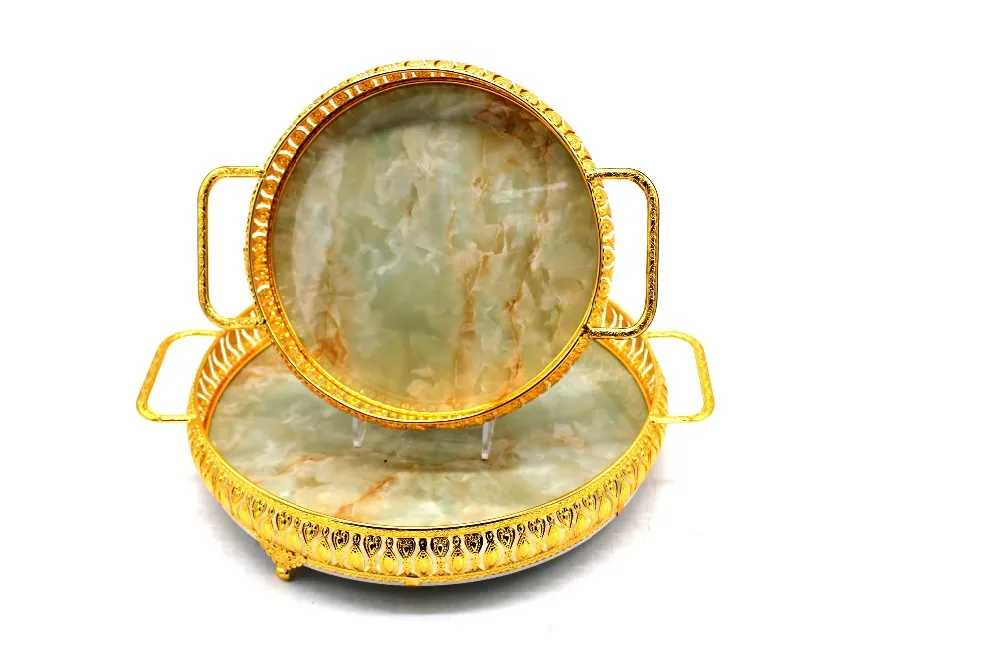 Golden Round Marble Tray Serving For Hotel & Home With Two Handles