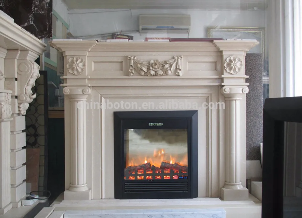 White Artificial Marble Fire Place Flames And Hearth French Style