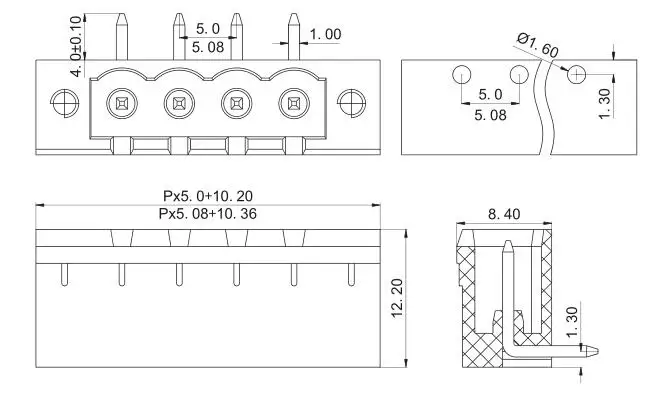PCB pin header terminal block connector beside screw holes 5.08mm pitch 90 degree right angle male terminals XK2EDGRM-5.08