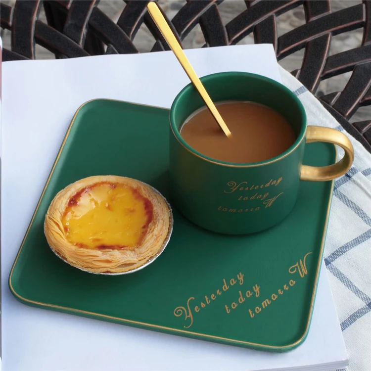 Simple style custom logo luxury gold rimmed ceramic espresso coffee cups with square plate