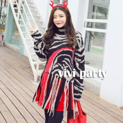 High Quality Wome Fashion Sweater Turtleneck Color Block Tassels Lap Casual Loose Warm font b Winter