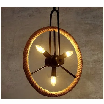 Retro Industrial Iron Wheels Twine Rope Ceiling Light Pendant Lamp
