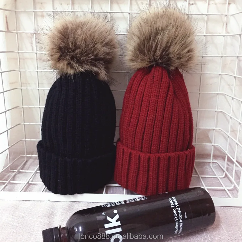 Womens Ladies Faux Fur Detachable Fur Pom Pom Knit Winter Beanie Hat Cap
