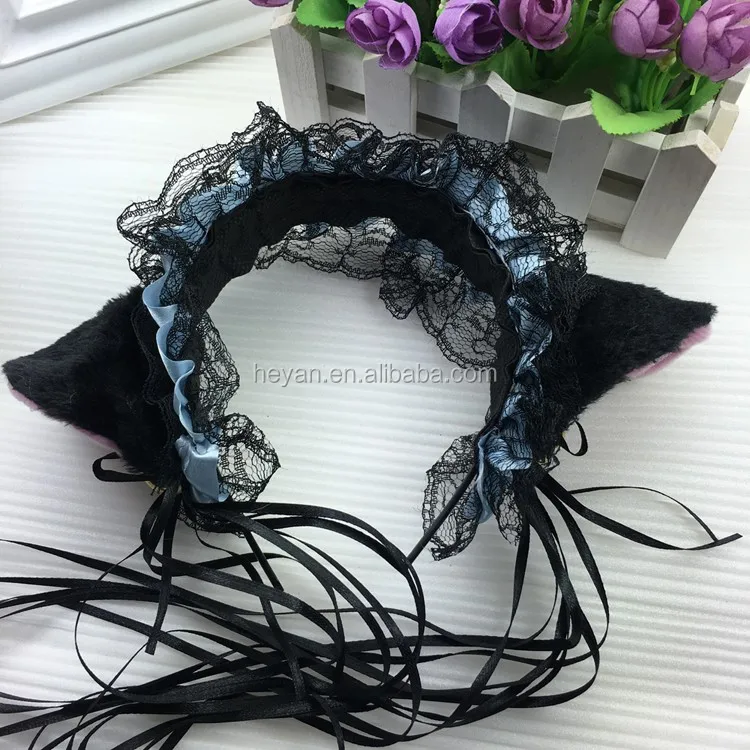 Black Cat Ears Hairband,Lace Cat Ears Maid Headband,Cosplay Headband