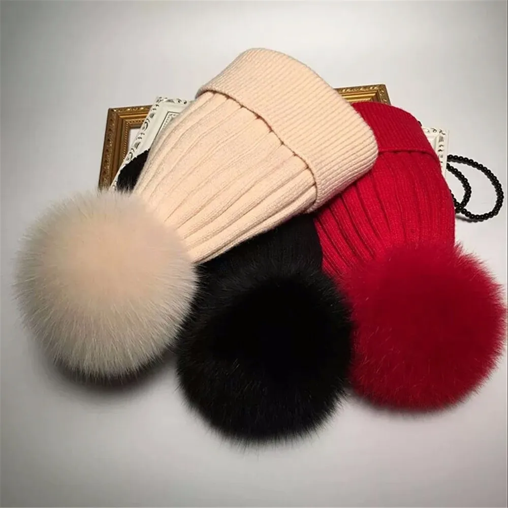 2017 Newest Acrylic knitting winter warm hat beanie with fur ball top/ hat with pom pom /fur pompom