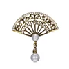 China Wholesale Zinc Alloy Antique Bronze Plated Imitation Pearl Rhinestone Fan Women Brooch For Gifts