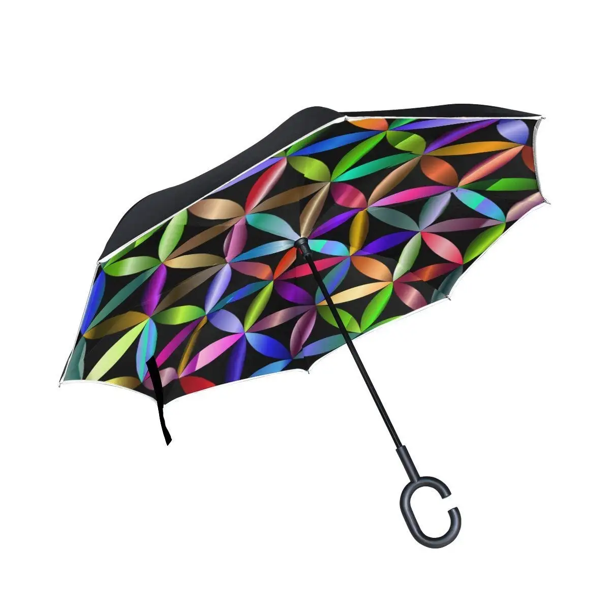 Abstract Gold Geometric Lines Pattern On Black Reverse Umbrella Double Layer Inverted Umbrellas For Car Rain Outdoor With C-Shaped Handle Customized