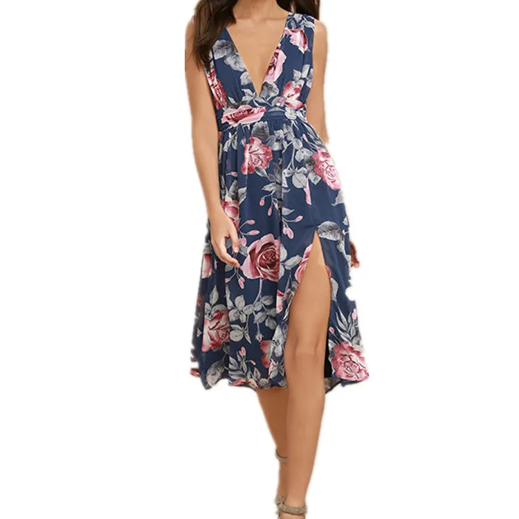 2017 Casual Women Flower Print Midi Dress With Sleeveless - Buy Casual ...