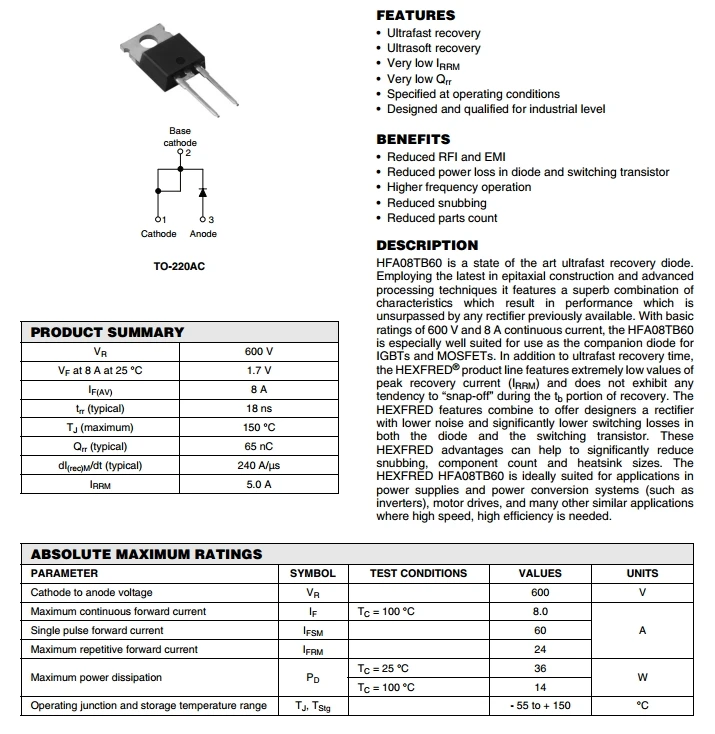 Hfa08tb60 600 V 8a To220ac Ultrarrápido Diodo De Recuperación Suave 8