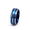 Men's Polished Grooved Tungsten Carbide Rings 8mm Blue Brushed Hammered Wedding Bands
