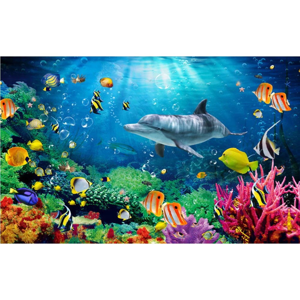 Tahan Air Vinyl Wallpaper Dunia Bawah Laut Dolphin Dekoratif 3d