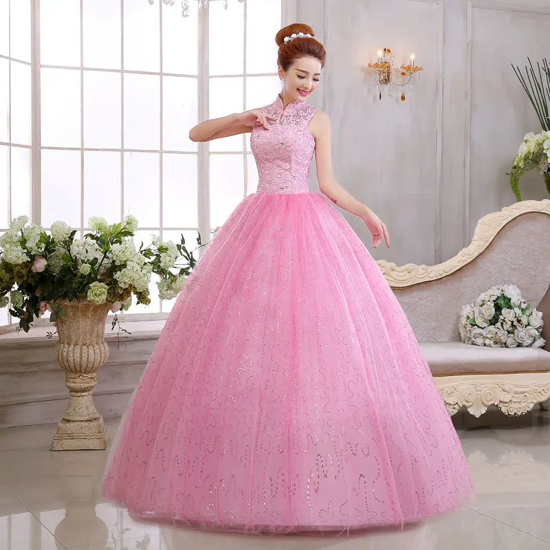 2018 Pink High Neck Lace Princess Evening Gown Sex Bride Ball Gown