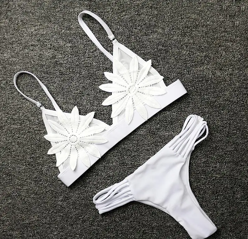 2019性感白色网眼绣花绑带biquini微型泳衣泳衣