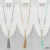 Faux Suede Leather Tassel Faceted Bead Pull Tie Long Necklace Set