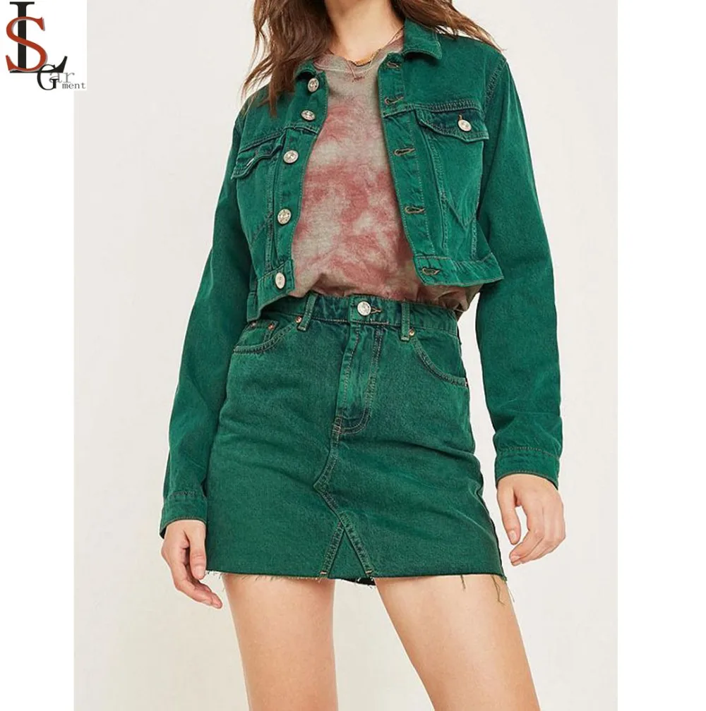 green jean skirt and jacket
