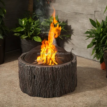 24inch Outdoor Faux Tree Stump Fire Pit Bowl With Spark Guard