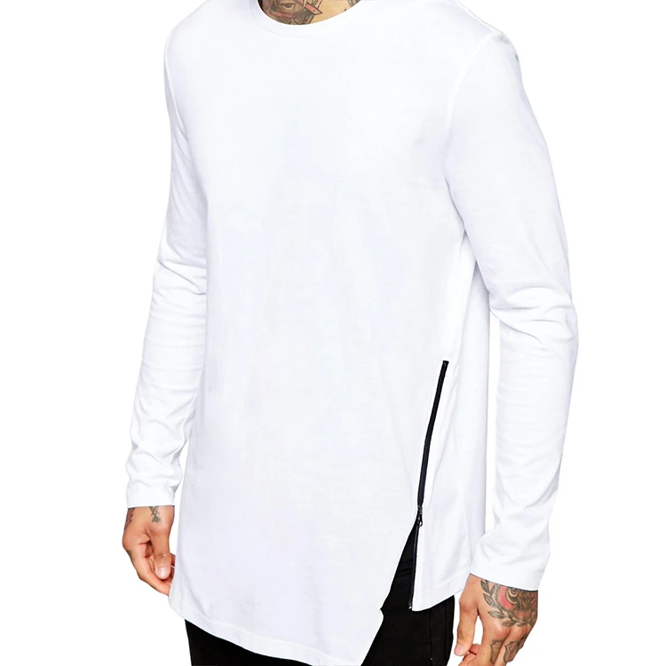 Custom Streetwear Side Zipper Asymmetrical White Blank Custom Longline T Shirt - Buy Zipper T 