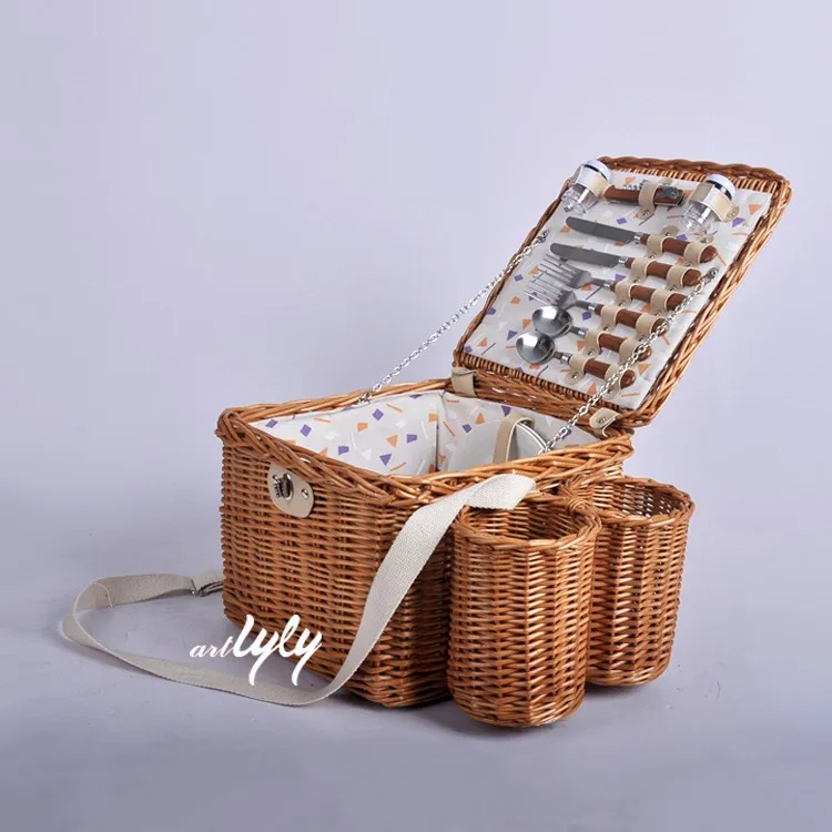 Wholesale raw rattan willow food fruit storage 2 bottle wicker wine bottles holder picnic baskets with liner shoulder strap