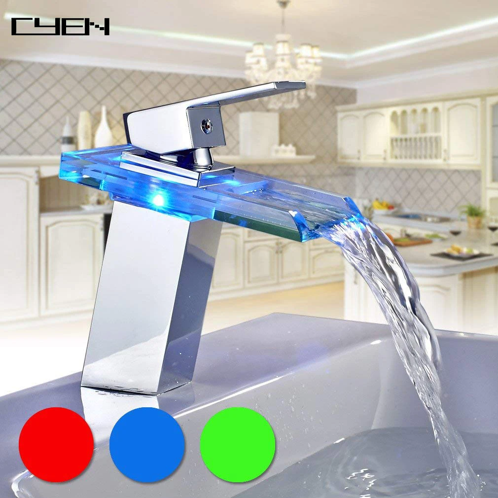 Glass Colorful Bathroom Wash Basin Waterfall Taps With Lights Buy