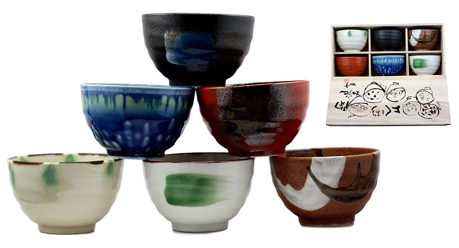 Atlantic Collectibles Japanese Abstract Art Colorful Dinnerware Bowl Set of 6 Made In Japan Artistic Pottery Decor In Traditional Wooden Box Packaging