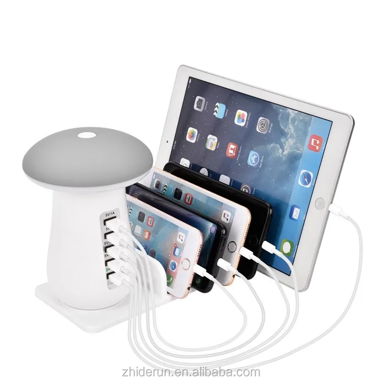 Desk Lamp Mushroom LED Night Light USB Charging Power Station 5-Port Charger Desktop Phone Stand Holder For iphone 8