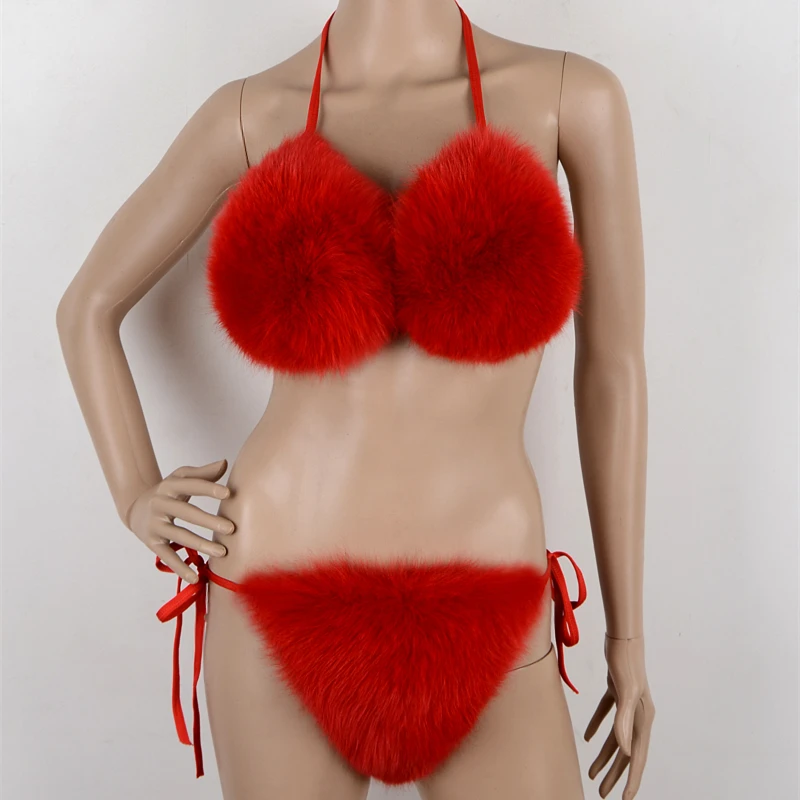 2019 Wholesale Custom Fluffy Fur Bra Hipster Bikini Women Fox Fur Bra