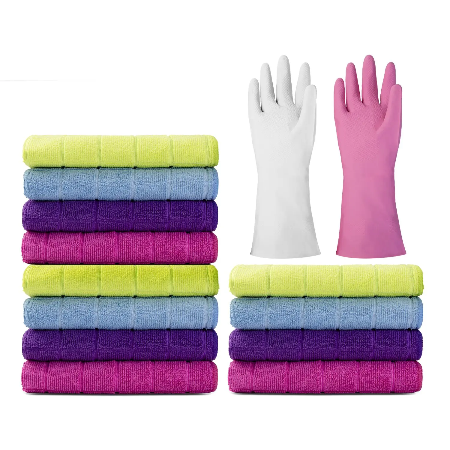 Srotek Cleaning Cloth Set,12 Pack Thick Microfiber / Multi-Purpose Cleaning Towels (15.5"x23.5") / 12 Piece Highly Absorbent Clean Cloth For Cleaning Bathroom,Kitchen / With 2 Pairs Latex Gloves