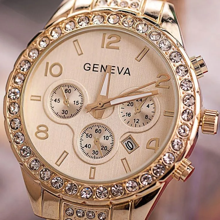 Diamond Geneva Watches Women Stainless Steel Quartz Watch Military Crystal Gold Watches Relogio 