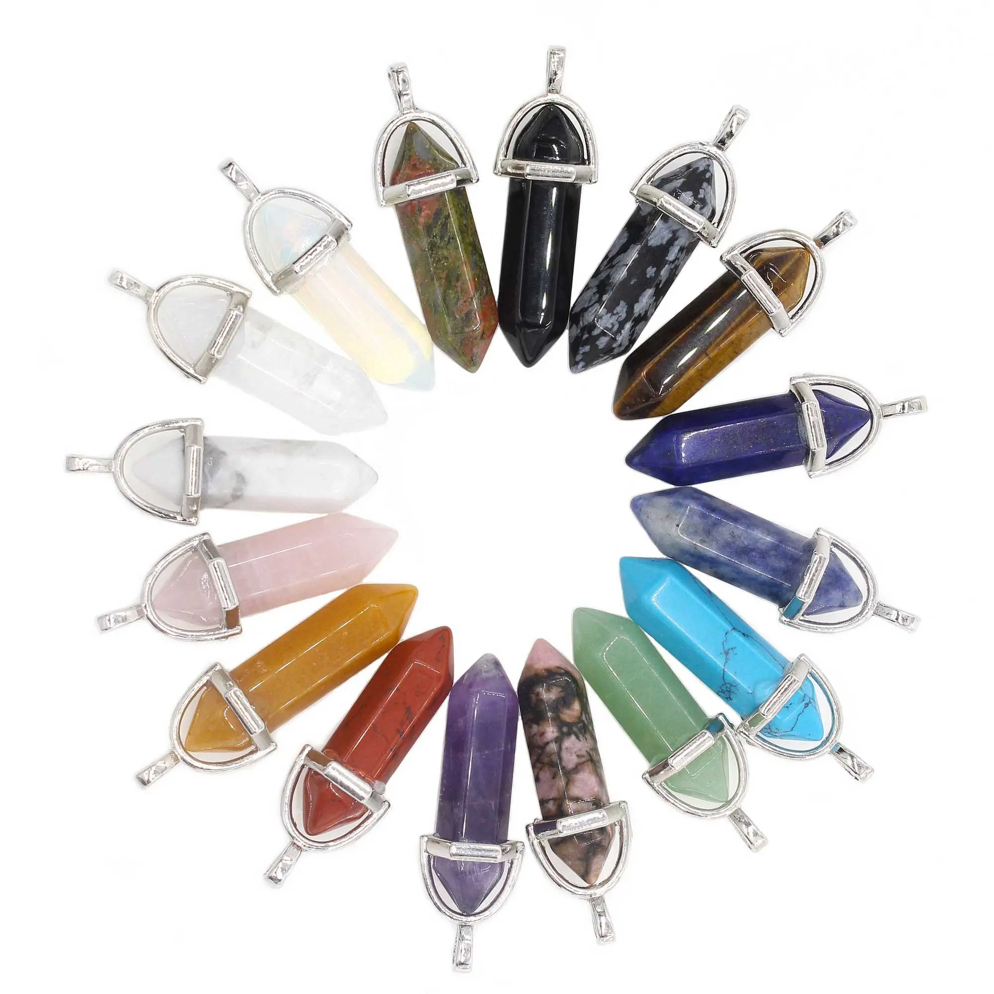 Wholesale 16PCS Assorted Nature Hexagonal Quartz Stone Pendants Healing Reiki Chakra Point Charms Bulk for Jewelry Making