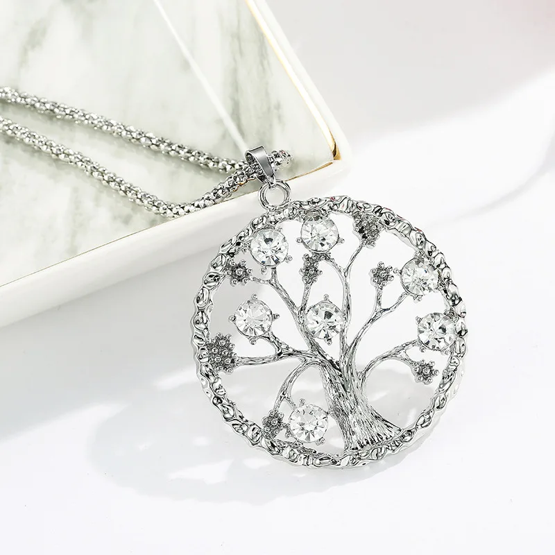 Newest Round Hollow Tree Of Life Necklace Fashion Flower Crystal Tree Of Life Pendant Necklace Women Garment Accessories