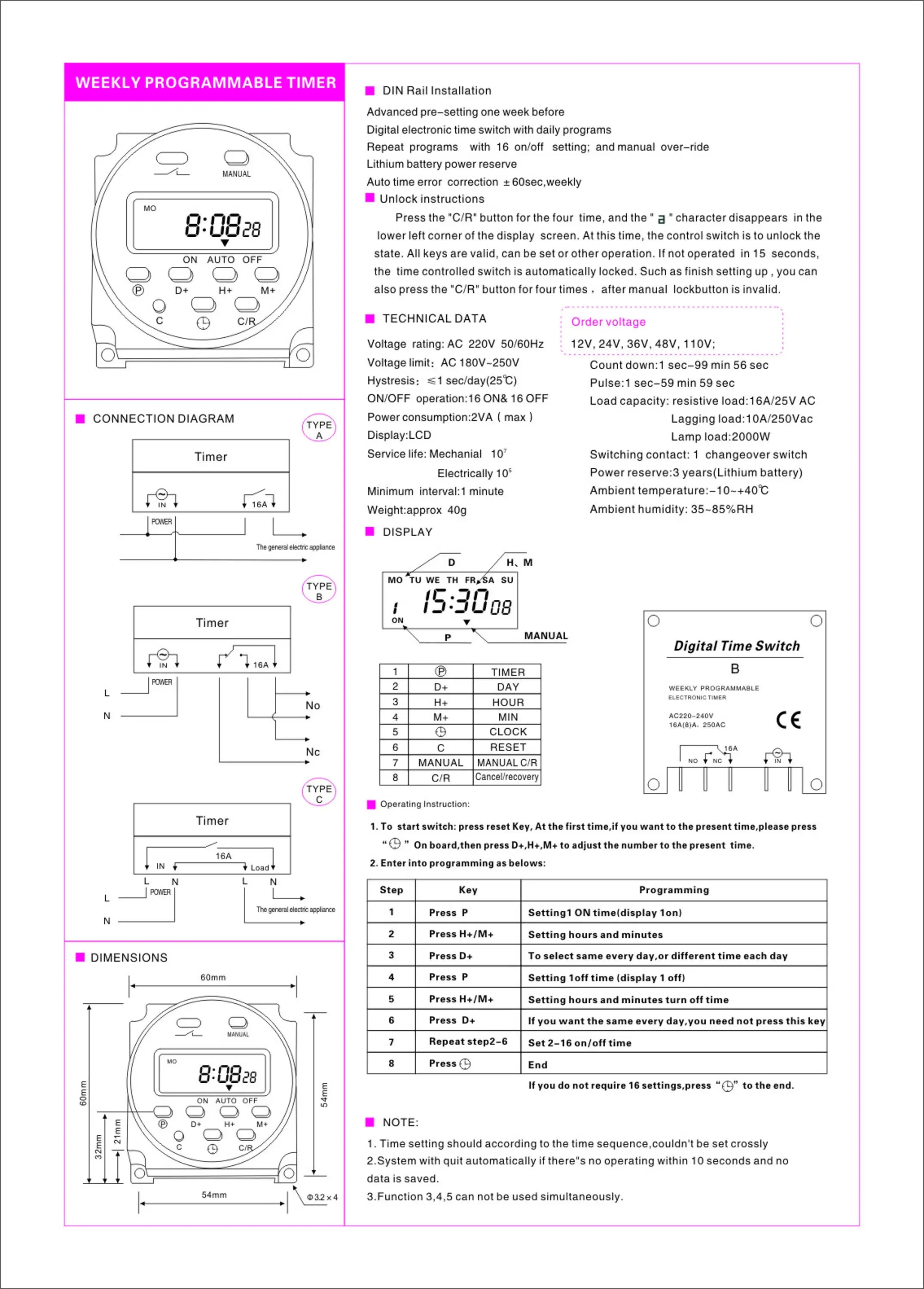 Cn101a Dc 12v 16a Digital Lcd Programmable Timer Relay Switch With