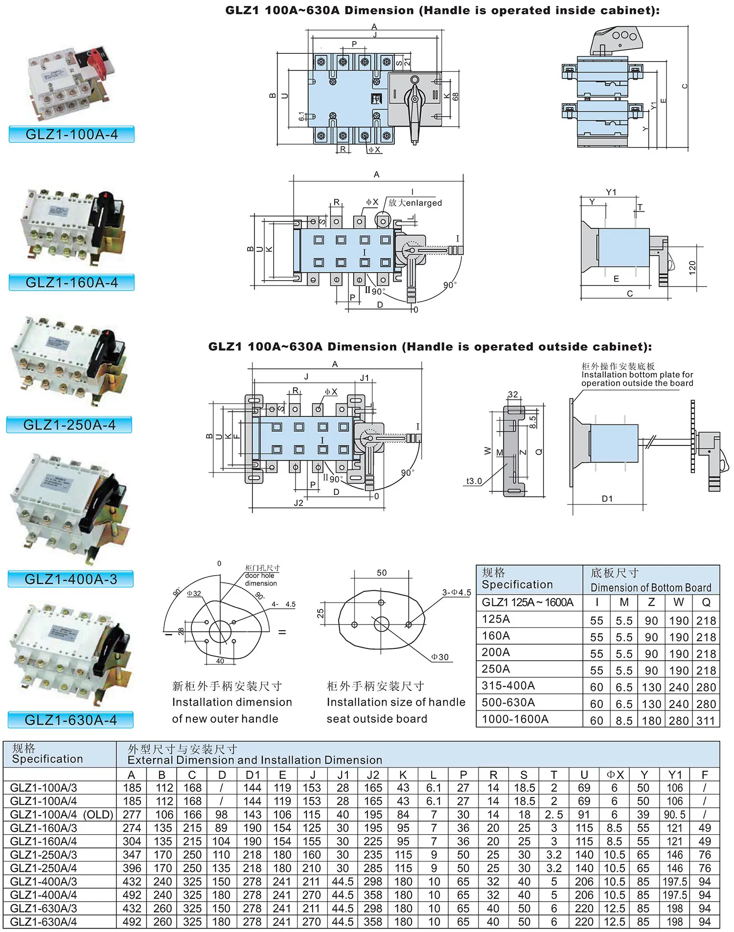 Manual Transfer Switch GLZ1 3P 4P 100A 160A 200A 250A 315A 400A 630A 1000A 1250A 1600A Manual Changeover Switch for Generator