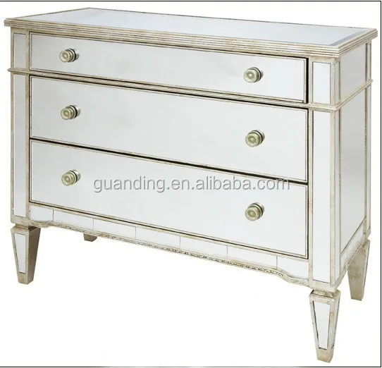 Modern Fancy White Clear Mirrored 3 Wide Drawers Dresser In