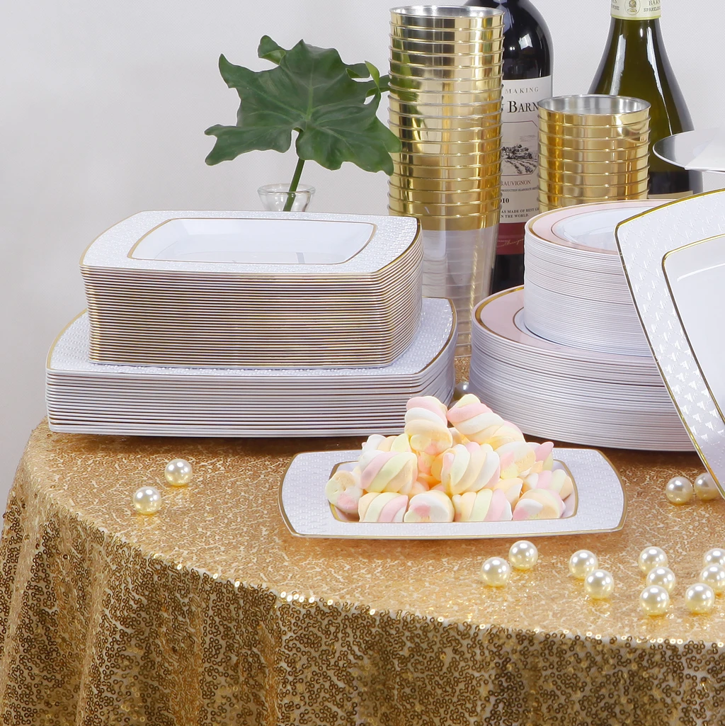 White Disposable Plastic Plates With Gold Rim - Buy Elegant Square ...