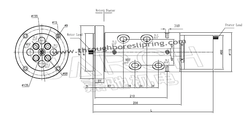 50 million Working Life Pneumatic Electric Hybrid slip rings Through Bore Slip Ring 300mm Lead Length