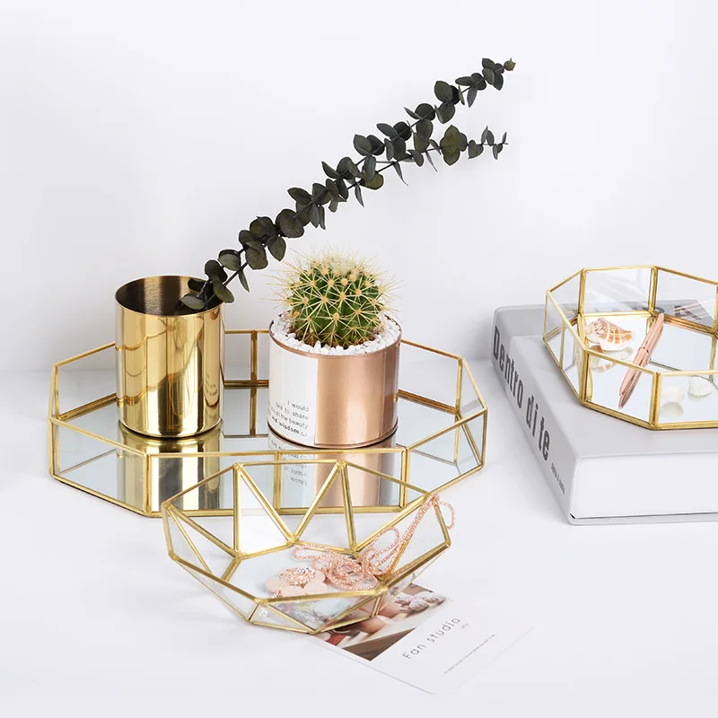 metal Storage Tray Golden Polygon Glass Makeup Organizer Tray Dessert Snack Plate Jewelry Display Stand Home Kitchen Decor