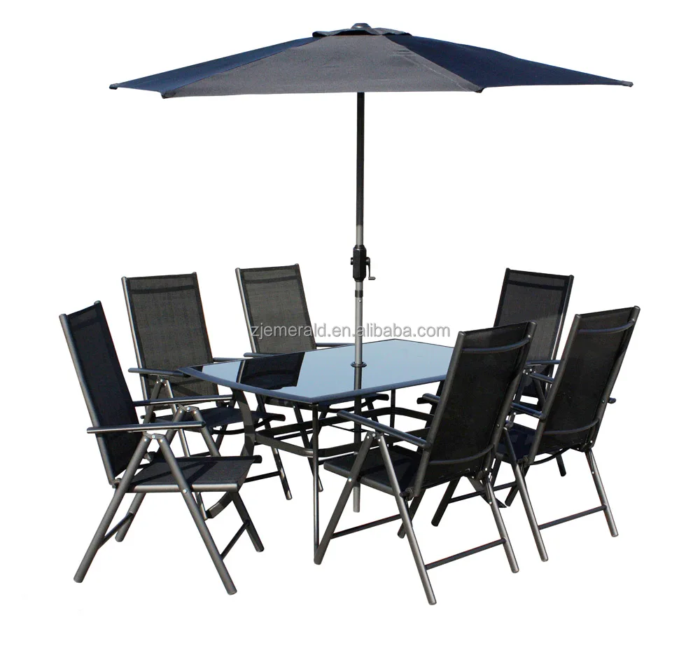 6 Seater Garden Patio Dining Set Parasol Glass Top Table And