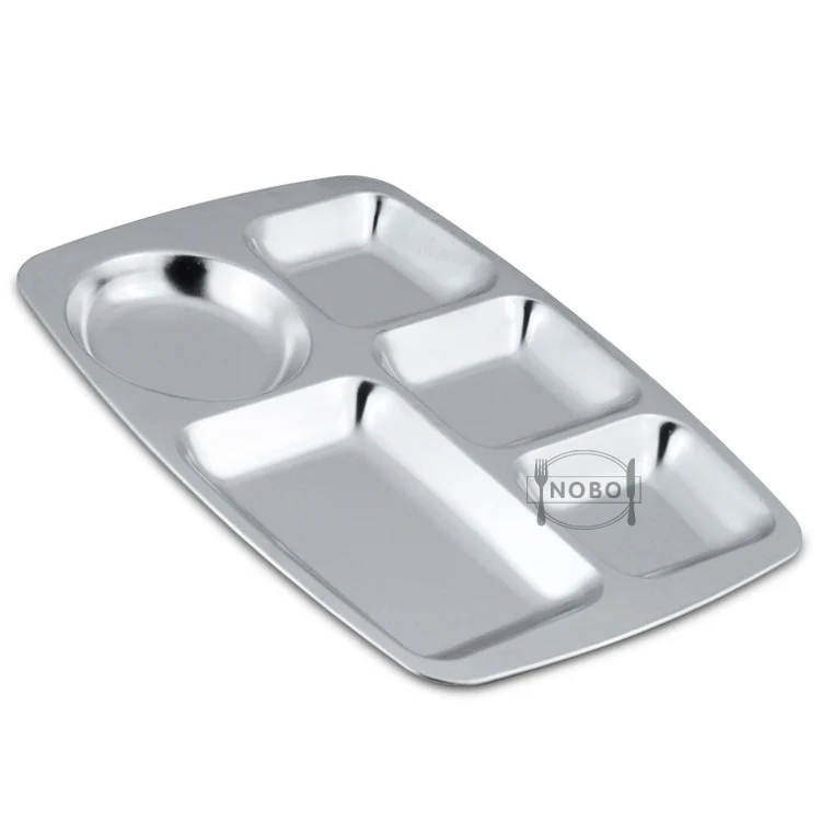 Rectangular Divided Dinner School Lunch Plate Stainless Steel Metal Food Serving Tray With 5