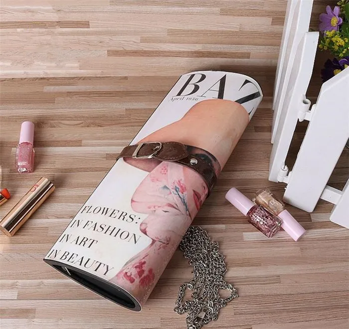 Custom wholesale fashion trendy magazine print cover evening clutch bag handbag