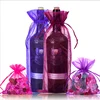 Custom printed wine bottle organza gift bag with satin drawstring