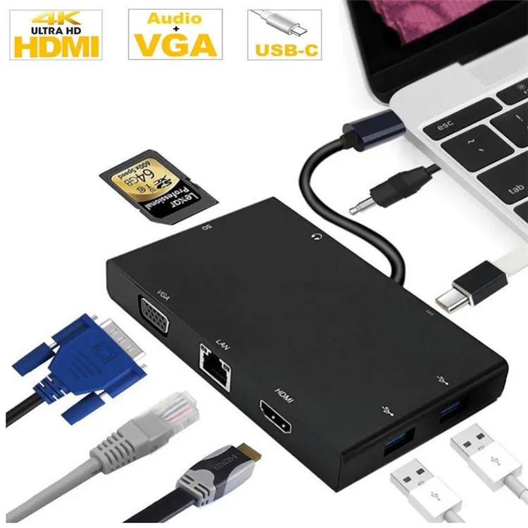 TC801H 8in1 Type-c hub Adapter Type C to Hd + VGA + Ethnernet rj45 + 2 usb3.0+ usb c + SD Card reader + 3.5mm audio for Macbook