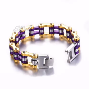 Punk Stainless Steel Purple Chains Link Bracelet Mens Gold Punk Stainless Steel Purple Chains Link Bracelet Mens Gold Motorcycle Biker