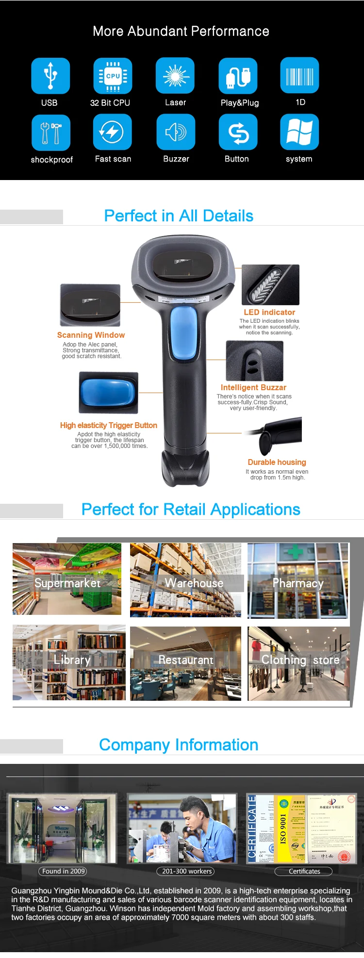 Wired Handheld 1D Image Barcode Scanner Two-Dimensional QR code Scanner Reader for Mobile Phone Screen Barcodes