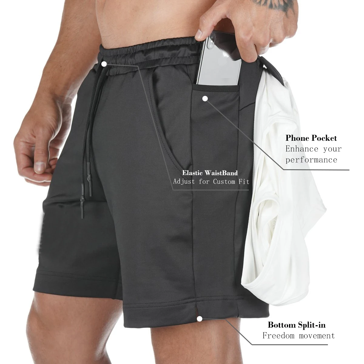 Mens 2 In 1 Active Running Shorts With Zipper Pockets Athletics ...